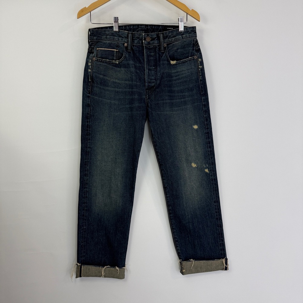 Vince Straight Leg Selvedge Jeans Women 27 Dark Wash Distressed Button Fly Japan